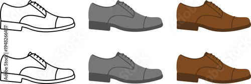 Minimalist derby shoe icon set with line art, gray and brown leather variations showing brogue detailing in side view