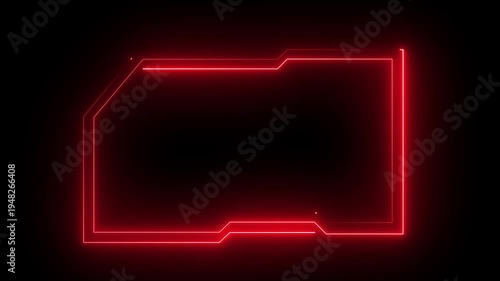 Glowing neon technological RED color HUD template callout animation. Neon glowing motion graphics of hud callout icon on black background. 4k animation motion video ..