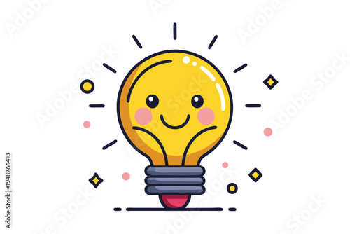 Adorable cartoon lightbulb character radiating with a bright, happy smile and innovative idea