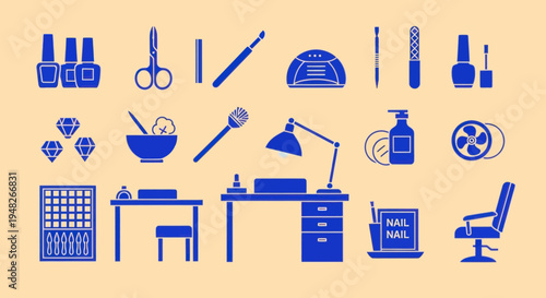 Nail Salon Equipment and Tools Icons Set on Beige Background