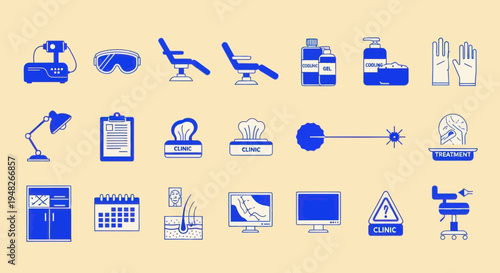 Medical Clinic Icons: Equipment, Tools, and Services - Blue and Beige
