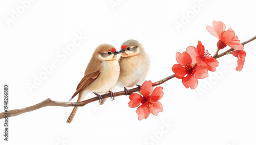 赤い梅の花が咲く枝に寄り添って止まる二羽の小鳥の春の情景