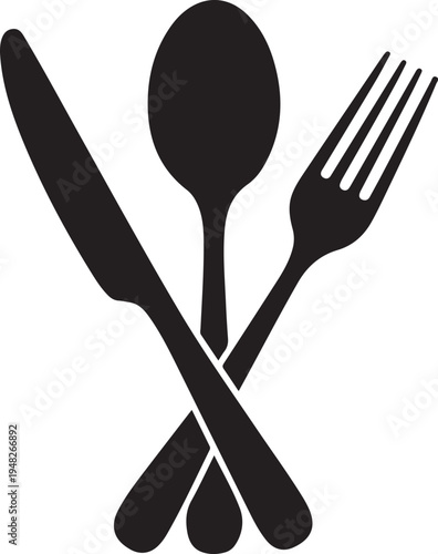 Black and white crossed cutlery set consisting of knife, spoon, and fork