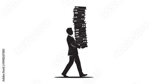 Black Silhouette of Businessman Carrying Huge Stack of Files and Folders While Walking, Overworked Employee Workload Concept, Flat Vector Illustration Isolated on White Background
