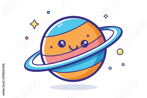 Charming cosmic planet with colorful rings and a cheerful smiling face floating peacefully