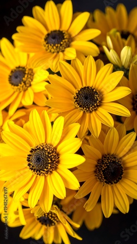 Up-close bouquet of bright yellow daisy-like flowers with dark centers, densely packed against a dark backdrop