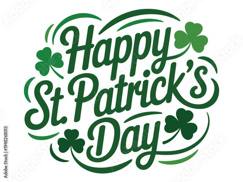 Green stylized lettering proclaims Happy St. Patrick's Day with swirling decorative elements.
