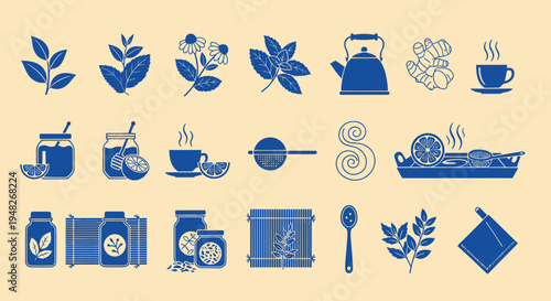 Herbal Tea Ingredients and Preparation Flat Icons Set