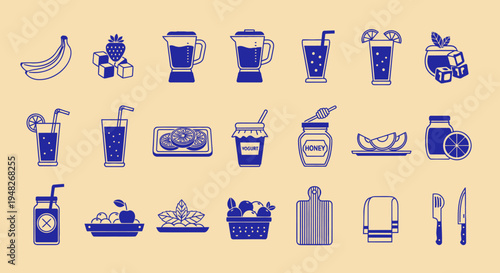 Healthy Food and Drinks Icons: Smoothies, Fruits, Honey, and Kitchenware