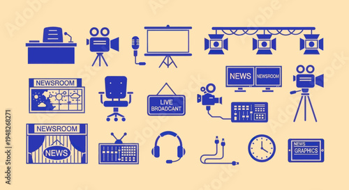 Broadcast Studio Icons: Newsroom, Camera, Lights, Desk, Screen, Headphones