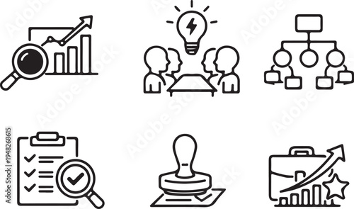 Business Management and Corporate Strategy Icon Set for Data Analysis, Team Collaboration, and Workflow Optimization