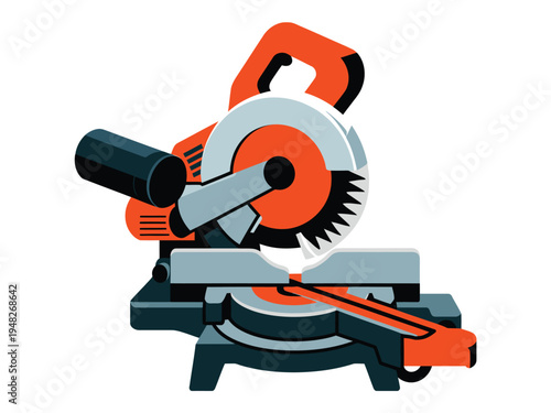 Miter saw illustration features bright orange and gray coloring for woodworking construction.