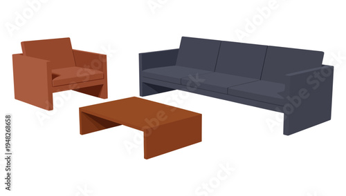 Modern living room furniture set including a sofa, armchair, and coffee table is displayed.