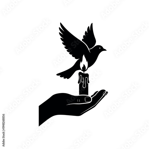 Hand Holding Candle with Bird Flame Silhouette Vector