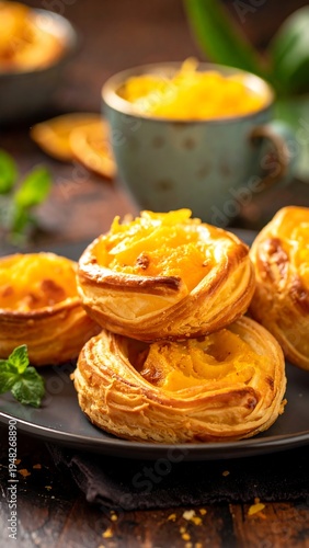 Egg custard tarts with layered pastry on a dark plate