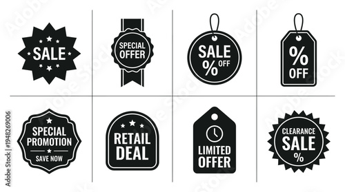 Promotional Discount Icons: Black and White Sale Labels for Retail Marketing
