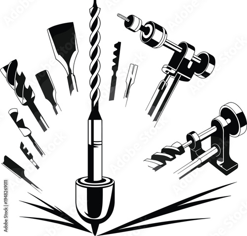 Black and white illustration of diverse drill bits and attachments arranged in radial pattern around central twist drill, woodworking and metalworking tool concept