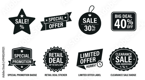 Promotional Sale Badges: Black and White Discount Labels for Retail Marketing