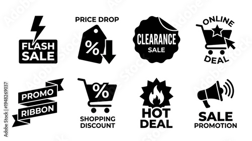 Promotional Discount Icons: Black and White Sale Labels for Retail Marketing