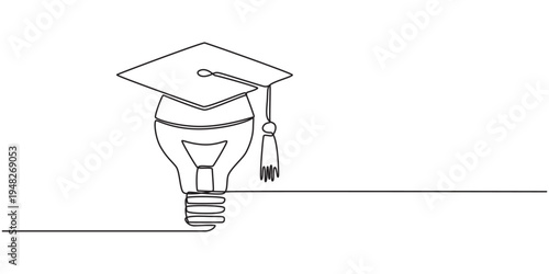Light bulb and graduation cap continuous line drawn. Creative smart idea symbol. Vector illustration isolated on white, One single line drawing of bright lightbulb wearing graduation cap identity.
