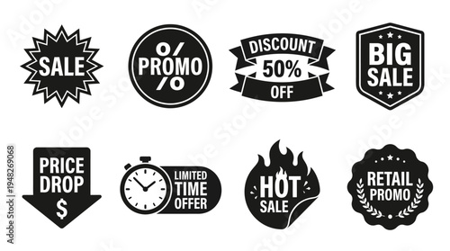 Promotional Sale Icons: Black and White Discount Badges for Retail Marketing