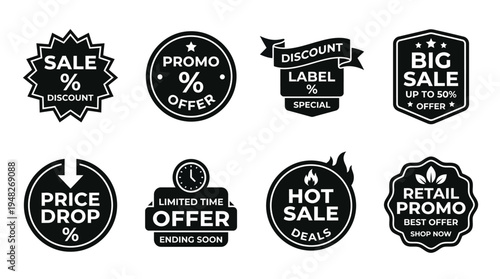 Promotional Sale Badges: Black and White Discount Labels for Retail Marketing