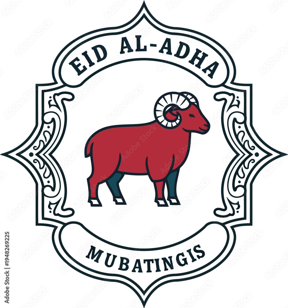 Obraz premium Eid Al Adha Badge Logo Design with Traditional Islamic Ornament and Ram Illustration
