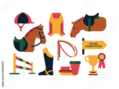 Equestrian competition objects feature a horse, helmet, boots, trophy, and jump barrier.