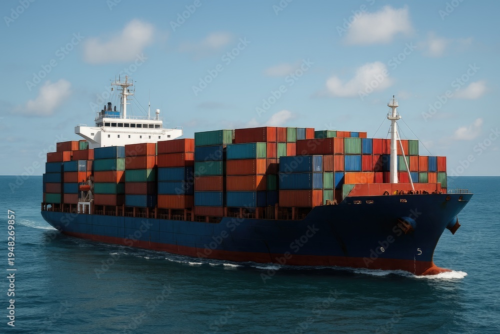 Fototapeta premium Large cargo ship carrying stacked shipping containers navigates the deep blue ocean, logistics.