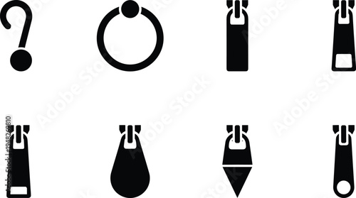 Collection of black zipper pull tab icons in various shapes and designs, fashion accessory elements for clothing, bags, backpacks, and textile product customization