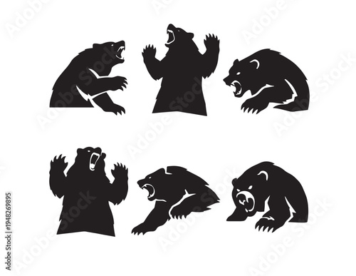 This collection features a black vector illustration set of animal silhouettes including a bear and cat design, perfect for nature icons or cartoon wildlife art