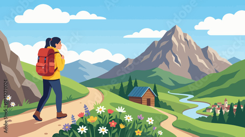 An engaging illustration of a hiker trekking through a beautiful mountainous landscape, embodying adventure, exploration, and the joy of connecting with nature.