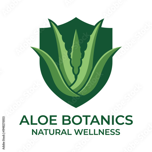 An elegant logo featuring Aloe Vera plants in a shield shape, perfectly representing a wellness brand focused on natural and organic product offerings.