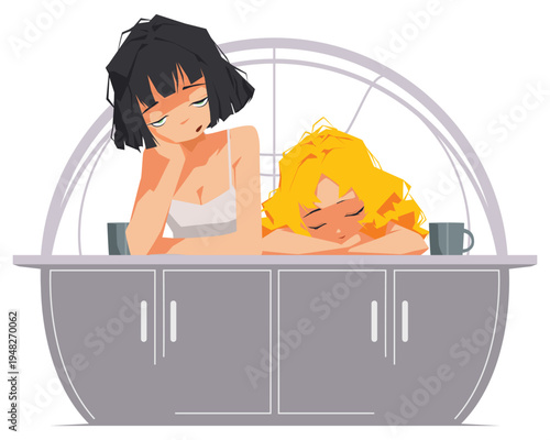 Tired girls desperately need coffee.