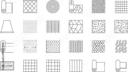 Collection of textile and fabric pattern icons including woven textures, geometric designs, dotted surfaces, zigzag motifs, welcome mat illustration, decorative material symbols for interior design