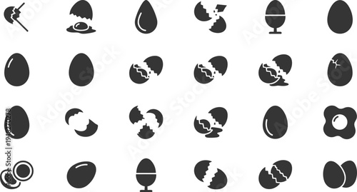 Collection of twenty-five black egg icons featuring cracked shells, fried eggs, whole eggs, egg cups, yolks, and stylized variations for food design projects