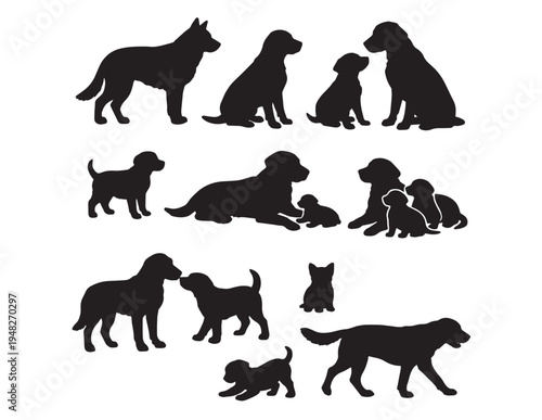 Set of dog silhouettes vector illustration with domestic and wild dogs collection in black style