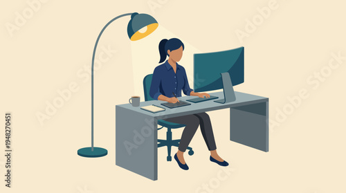 A minimalist illustration capturing a work-from-home office environment complete with a computer, lamp, and notes, symbolizing productivity and modern remote working lifestyles.