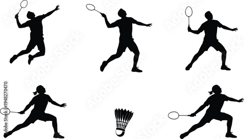 Dynamic black silhouettes of badminton players in action poses with rackets and shuttlecock, perfect for sports design, fitness illustration, and athletic motion concepts.