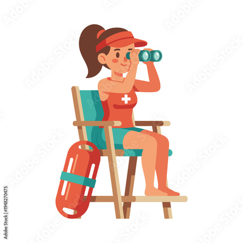This image portrays a lifeguard on duty in a vibrant outfit, using binoculars to vigilantly observe beachgoers, ensuring safety and security at the beach.