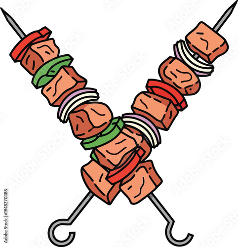 Grilled Meat Skewers with Vegetables Vector Illustration for Barbecue Menu and Food Design