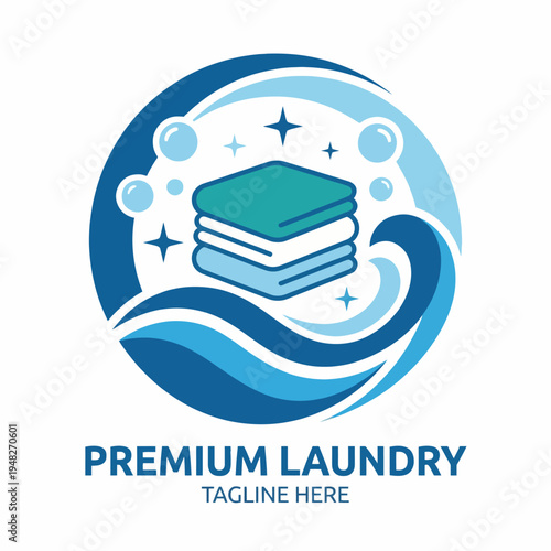 The image displays a modern logo for a premium laundry service, featuring stacked towels, bubbles, and waves, signifying cleanliness, freshness, and quality service.