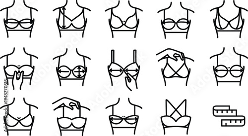 Educational black and white bra fitting icons set showing strap adjustment, cup measurement, proper sizing techniques, lingerie fitting guide, fashion illustration for undergarment instruction