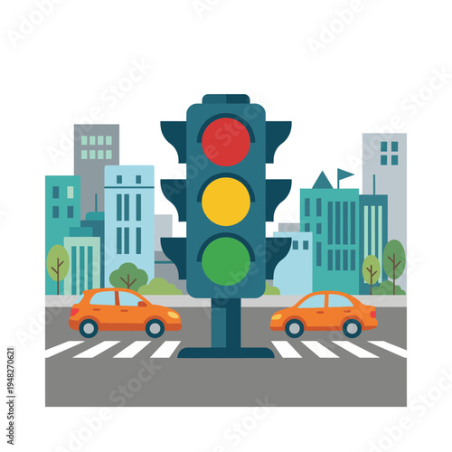 This image features a colorful traffic light standing prominently in an urban setting, surrounded by cars and buildings, representing city life and traffic control.