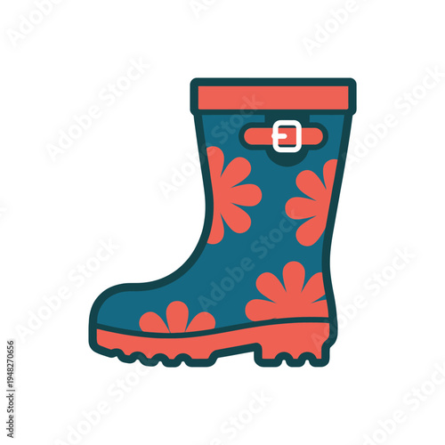 A stylish rubber boot featuring a colorful floral pattern, ideal for showcasing fun and fashionable footwear for rainy days and outdoor activities.