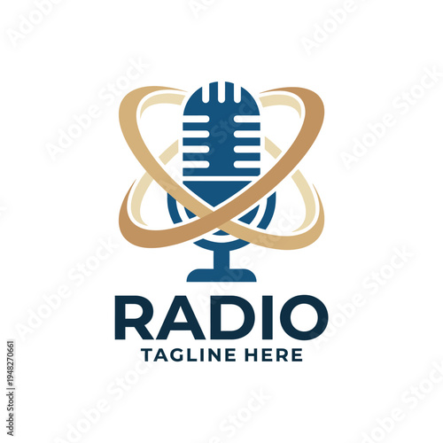 A stylized microphone surrounded by dynamic graphic elements, symbolizing the world of radio broadcasting, communication, and entertainment in a modern professional design.