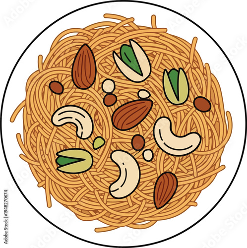 Traditional Sheer Khurma Sweet Vermicelli Dessert with Mixed Nuts Top View Illustration