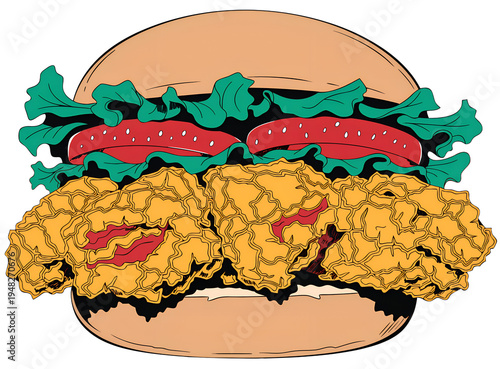 Crispy Fried Chicken Burger Illustration with Lettuce and Tomato Isolated on White