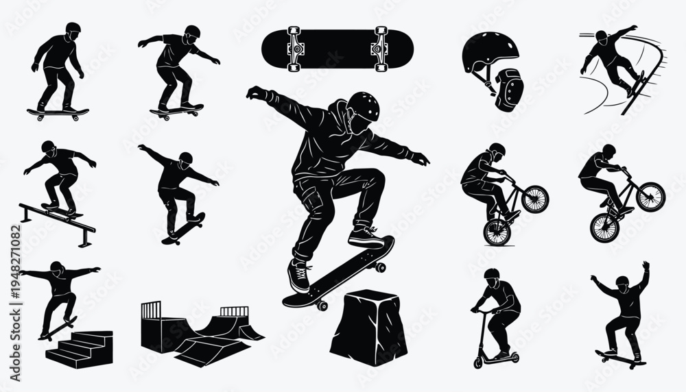 Fototapeta premium Skateboarder and Bike silhouettes performing extreme sport tricks in a park