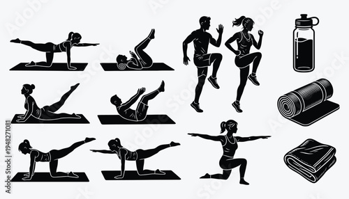 Fitness and workout silhouettes showing people exercising with gym equipment
